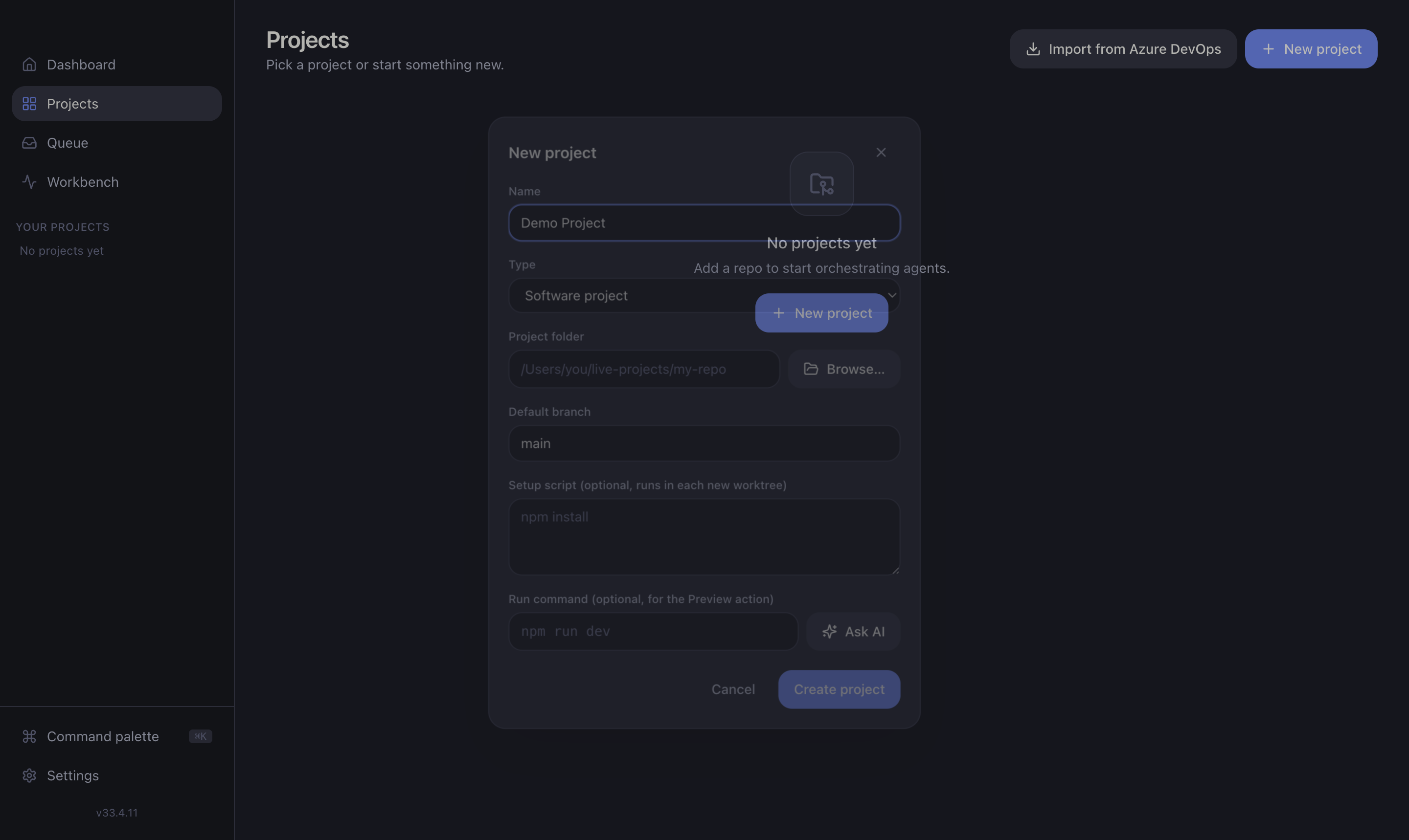 The Projects hub with the new-project dialog open