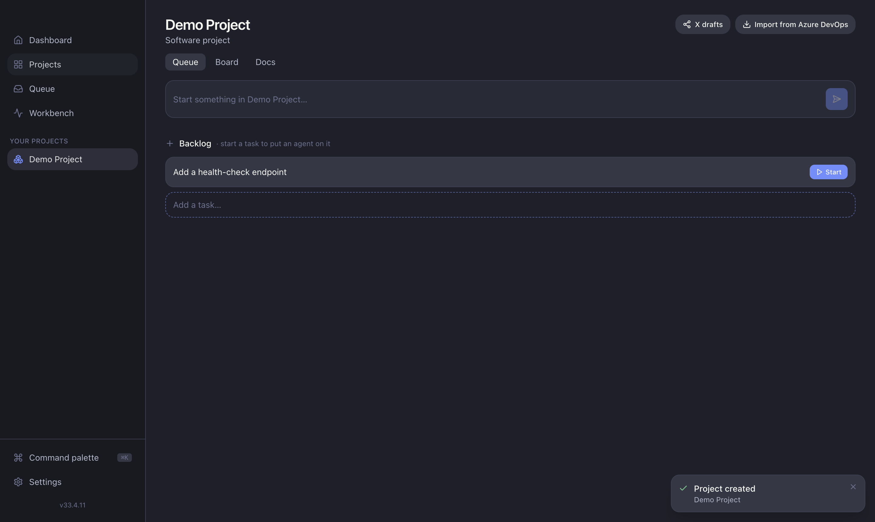 A project's Queue with a task in the backlog