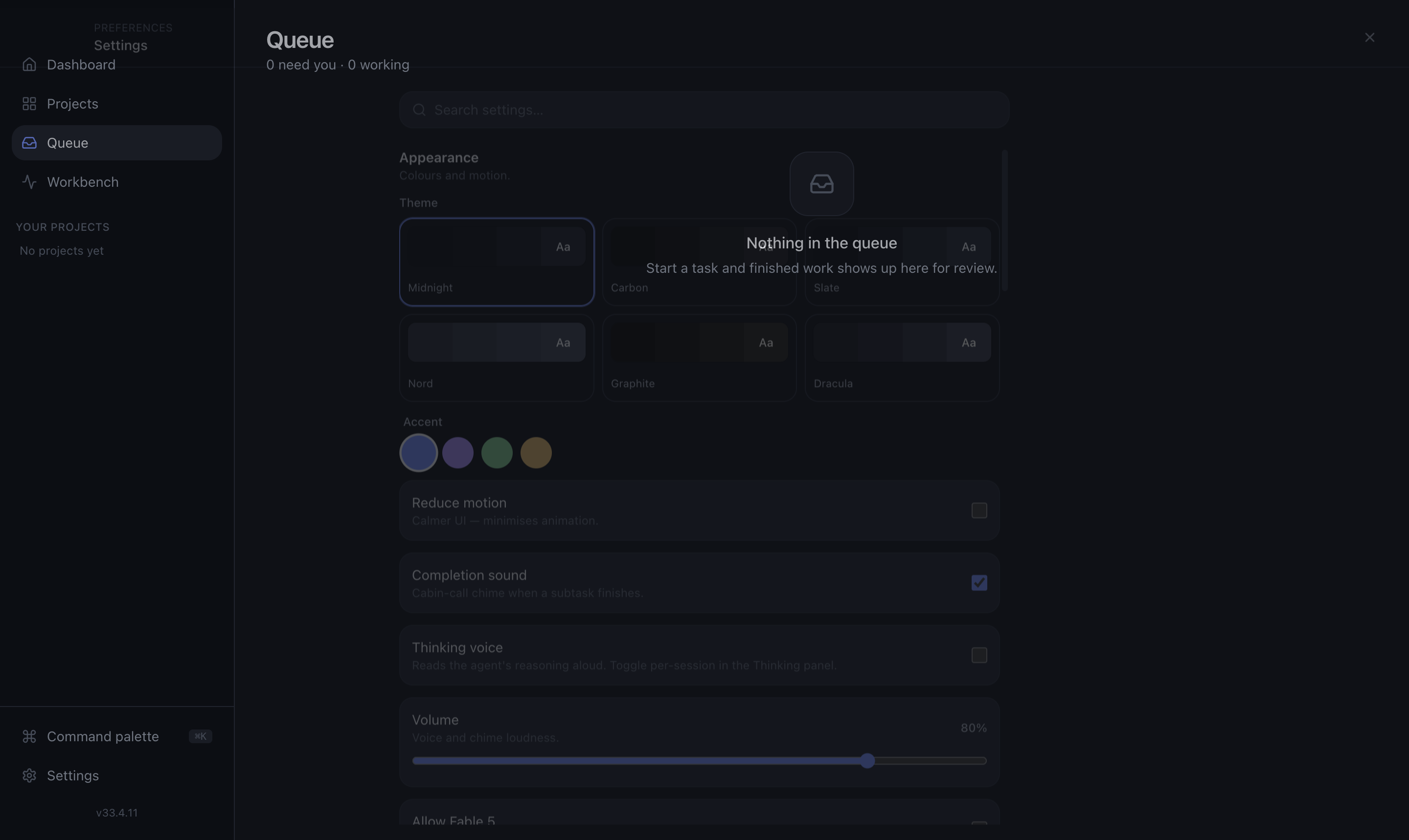 The Settings panel — Appearance