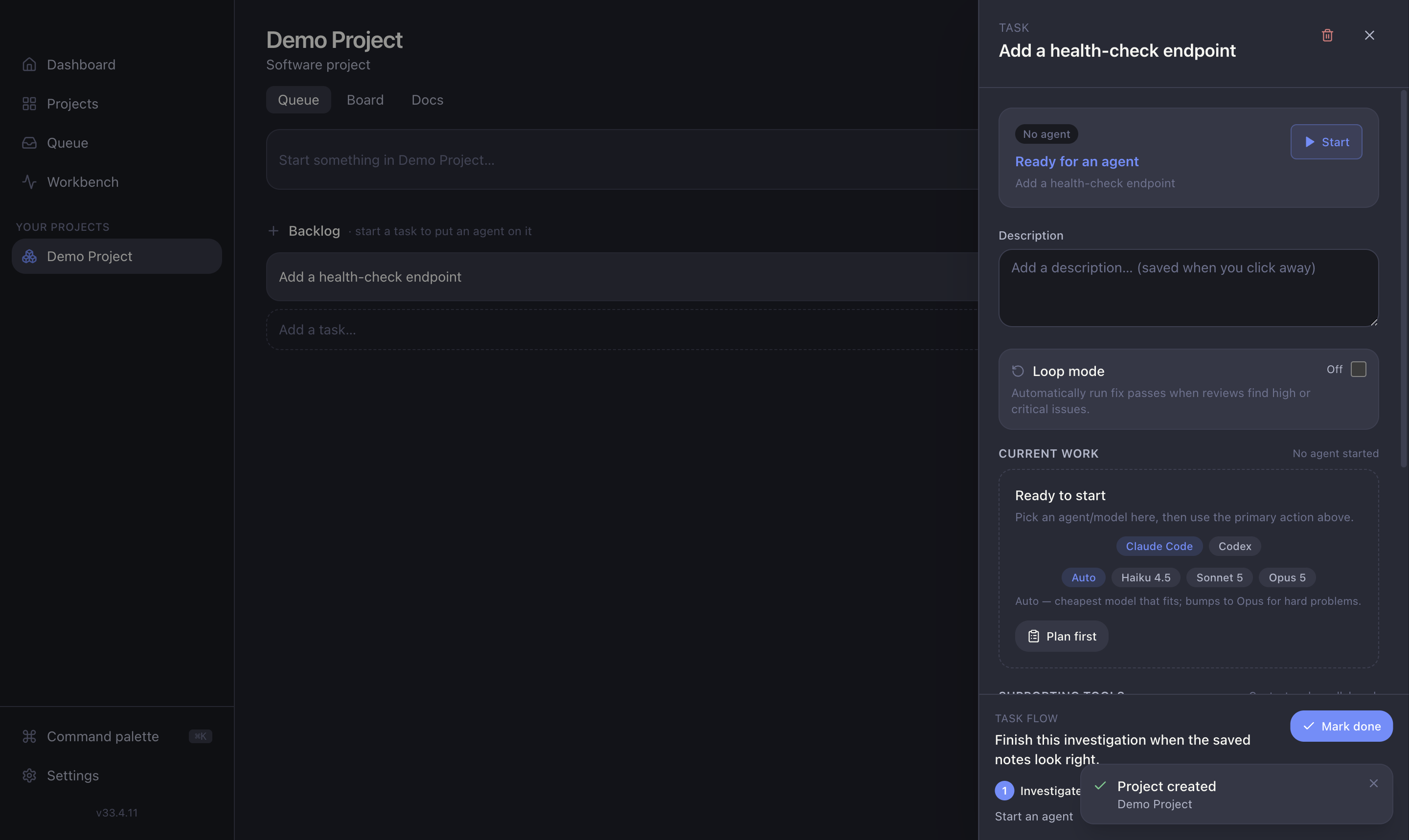 The task drawer with the model picker